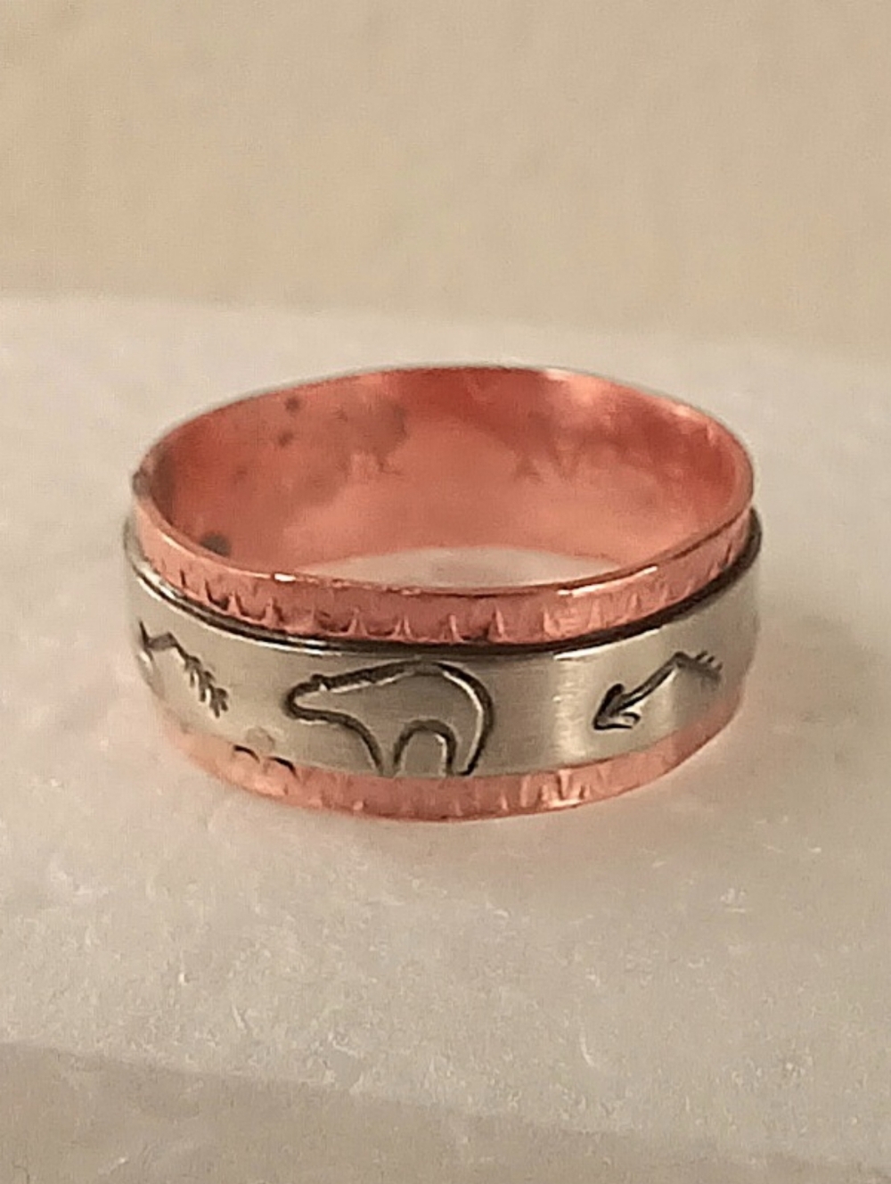 Navajo Signed Native American Ring TA Begay Copper Nickle Handmade Bear Arrows - Picture 14 of 17